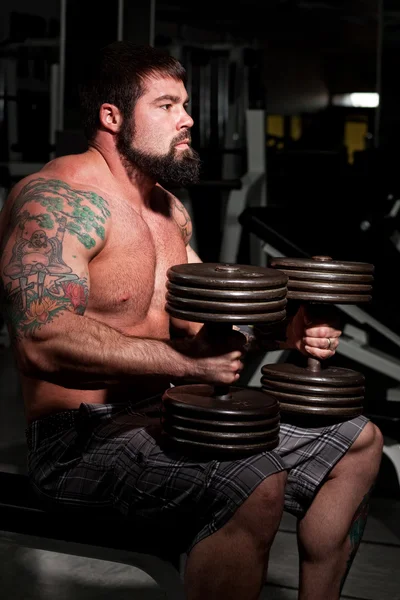 Bir spor salonunda egzersiz erkek vücut geliştirmeci. — Stok fotoğraf