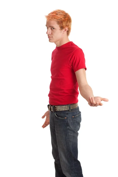 Młody człowiek w czerwoną koszulę i dżinsy. łapka na biały. — Zdjęcie stockowe