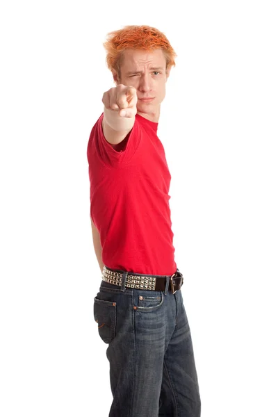 Jovem de camisa vermelha e jeans. Estúdio tiro sobre branco . — Fotografia de Stock