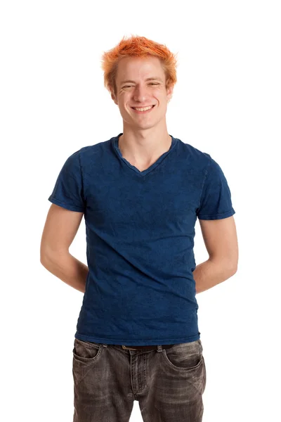 Un joven con camisa azul y jeans. Estudio filmado sobre blanco . —  Fotos de Stock