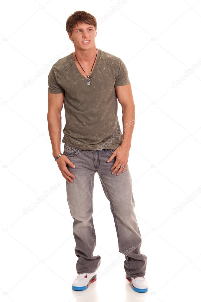 Man in jeans and t-shirt. Studio shot over white. — Stock Photo ...
