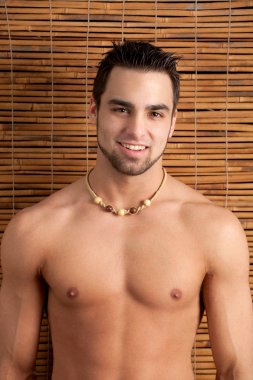 Attractive man, shirtless, in front of bamboo screen. clipart