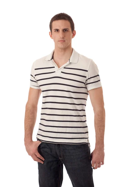 Lässiger Mann im gestreiften Hemd. Studioaufnahme über Weiß. — Stockfoto