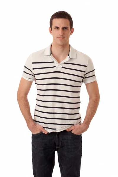 Casual man in striped shirt. studio opname over Wit. — Stockfoto