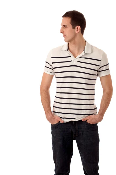 Lässiger Mann im gestreiften Hemd. Studioaufnahme über Weiß. — Stockfoto