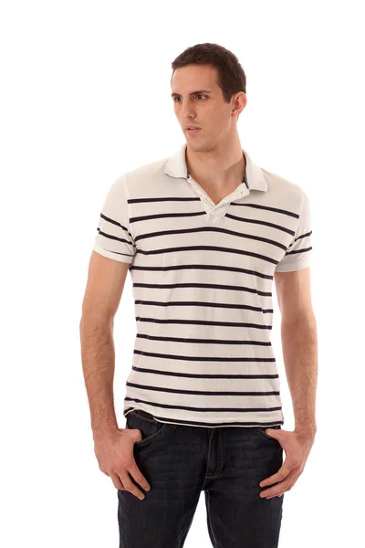 Casual man in striped shirt. studio opname over Wit. — Stockfoto