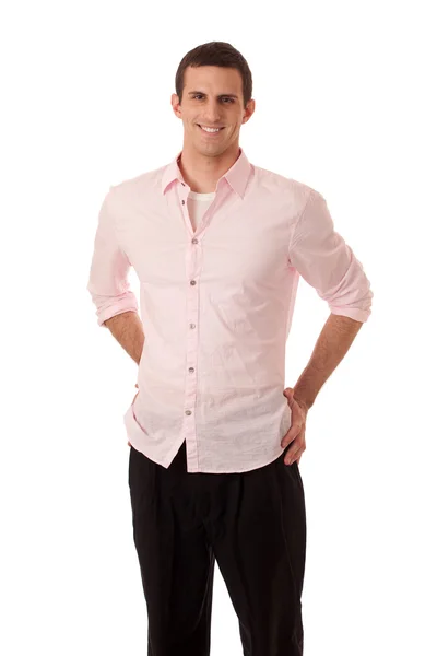 Hombre casual con camisa rosa. Estudio filmado sobre blanco . — Foto de Stock
