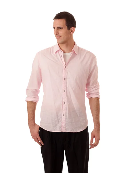 Casual man in roze shirt. studio opname over Wit. — Stockfoto