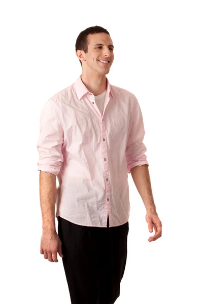 Casual man in roze shirt. studio opname over Wit. — Stockfoto