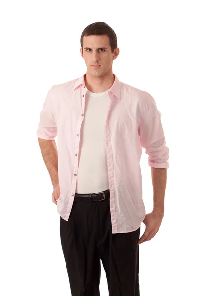 休闲男人穿粉红色衬衫。射过白色的工作室. — 图库照片
