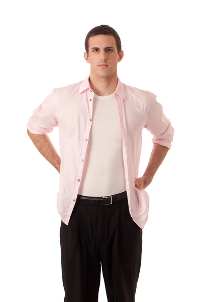 Przypadkowy mężczyzna w różowej koszuli. łapka na biały. — Zdjęcie stockowe