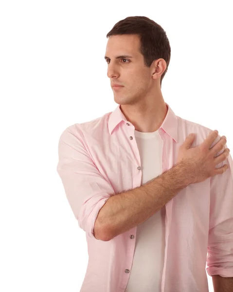 Casual man in pink shirt. Studio shot over white. — Stock Photo, Image