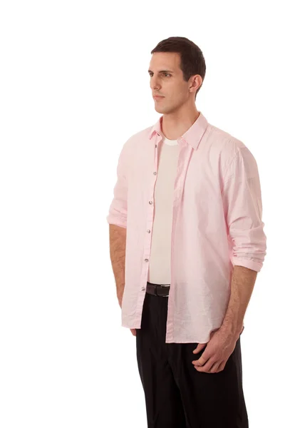 Περιστασιακή άνθρωπος σε ροζ πουκάμισο. στούντιο πυροβόλησε πάνω από το λευκό. — Φωτογραφία Αρχείου