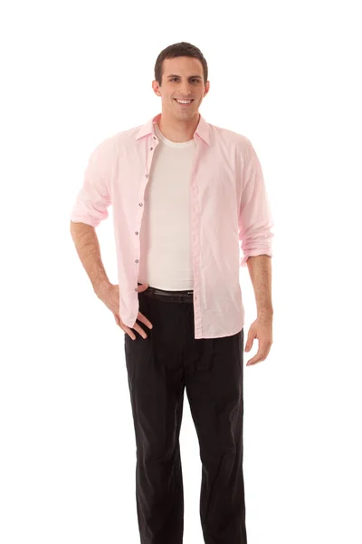Przypadkowy mężczyzna w różowej koszuli. łapka na biały. — Zdjęcie stockowe