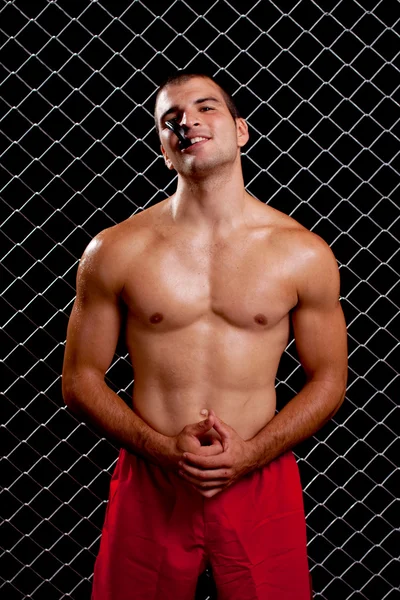 Mixed martial artist posed in front of chain link — Stock Photo, Image
