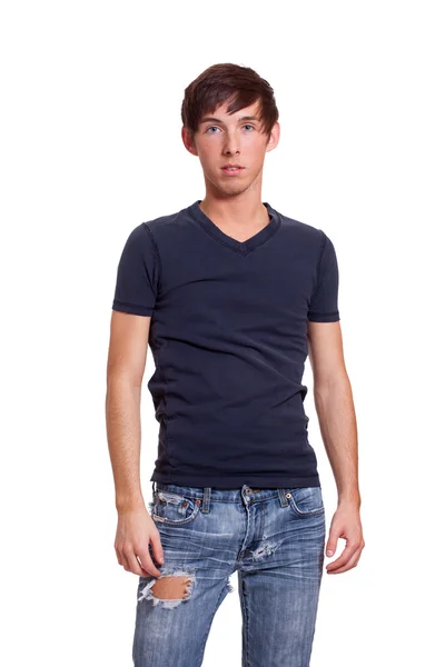 Młody człowiek w niebieską koszulę. łapka na biały. — Zdjęcie stockowe