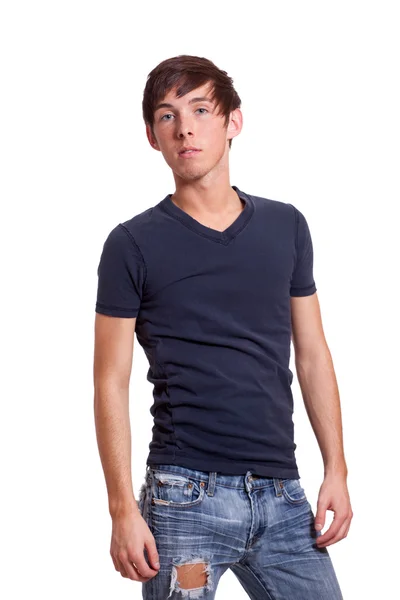 Młody człowiek w niebieską koszulę. łapka na biały. — Zdjęcie stockowe