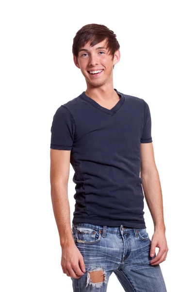 Молодой человек в голубой рубашке. Студия над белым . — стоковое фото