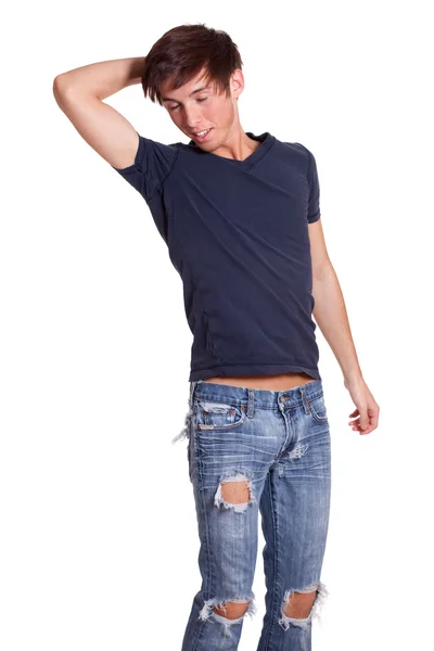 Junger Mann in blauem Hemd. Studioaufnahme über Weiß. — Stockfoto