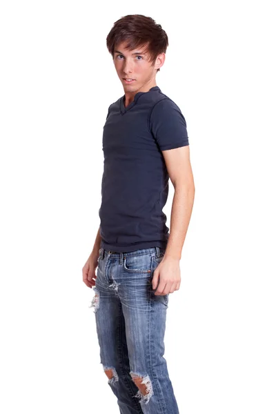 블루 셔츠에 젊은 남자. 흰색 위에 촬영 스튜디오. — 스톡 사진