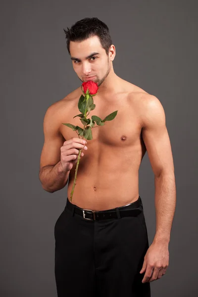 Hombre atractivo sin camisa con una sola rosa roja . — Foto de Stock