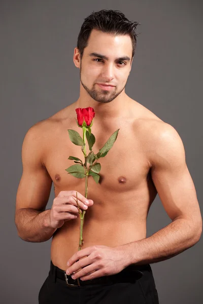 Aantrekkelijke man shirtless met een enkele rode roos. — Stockfoto