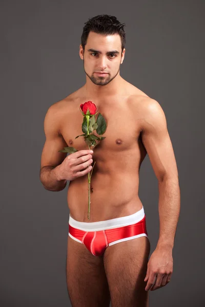 Homem atraente em roupa interior com uma única rosa vermelha . — Fotografia de Stock