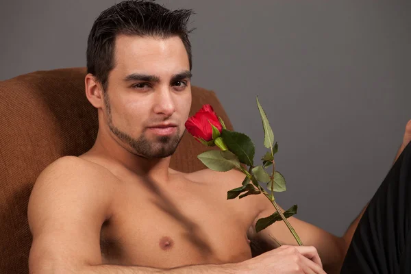 魅力的な男性の単一の赤いバラで上半身裸. — ストック写真