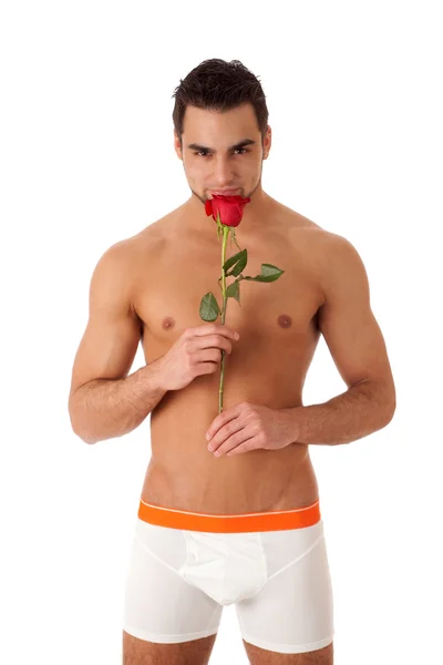 Homem atraente em roupa interior com uma única rosa vermelha . — Fotografia de Stock