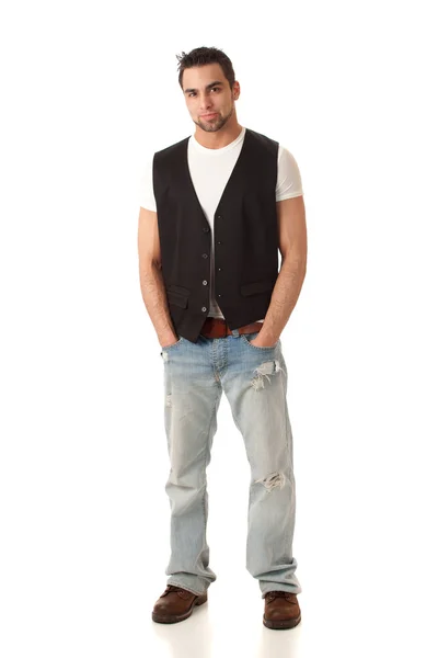Молодий чоловік у джинсах та жилеті. Студійний знімок над білим . — стокове фото