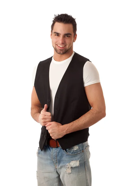 Jonge man in jeans en vest. studio opname over Wit. — Stockfoto