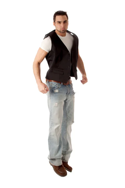Junger Mann in Jeans und Weste. Studioaufnahme über Weiß. — Stockfoto