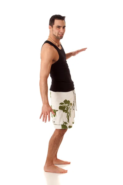 Attractive young man in boardshorts. Studio shot over white. — Stock Photo, Image