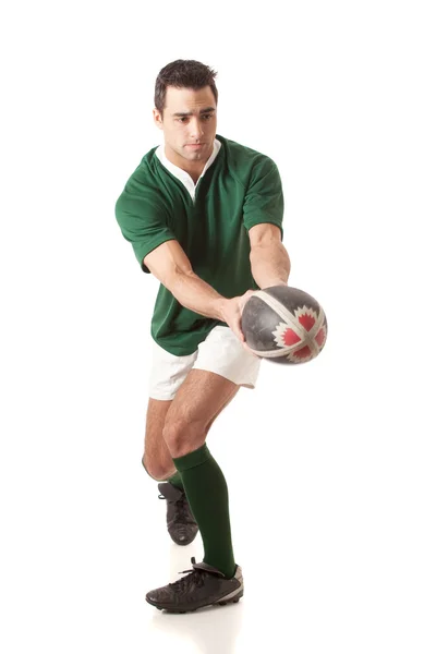 Mannelijke rugbyspeler. studio opname over Wit. — Stockfoto