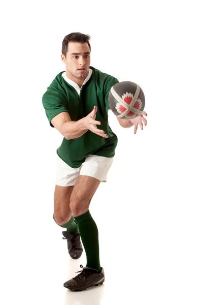 Mannelijke rugbyspeler. studio opname over Wit. — Stockfoto