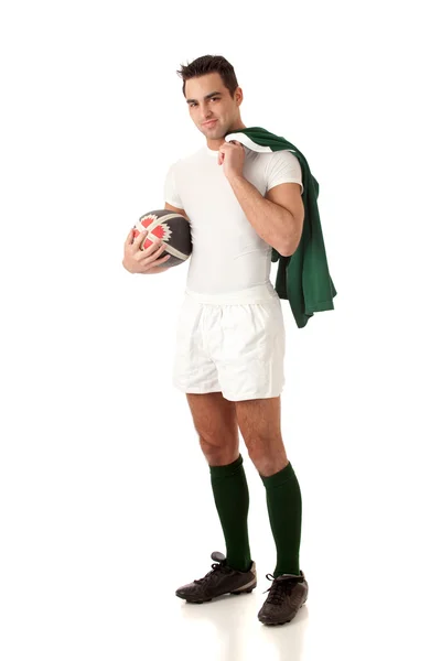 Rugbyspieler. Studioaufnahme über Weiß. — Stockfoto