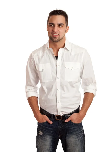 Młody człowiek w dżinsy i koszulę. łapka na biały. — Zdjęcie stockowe