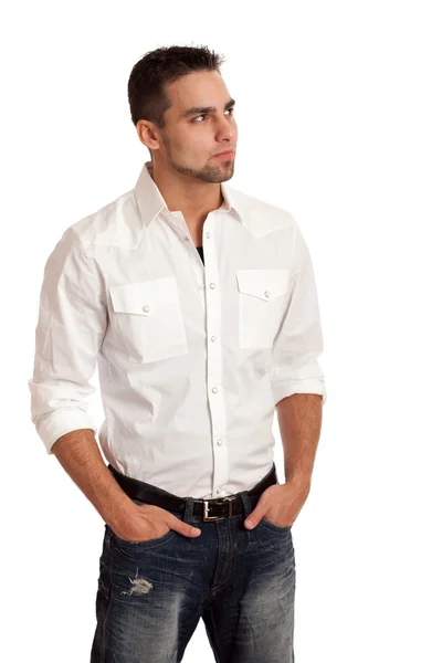 Un joven con camisa y jeans. Estudio filmado sobre blanco . — Foto de Stock