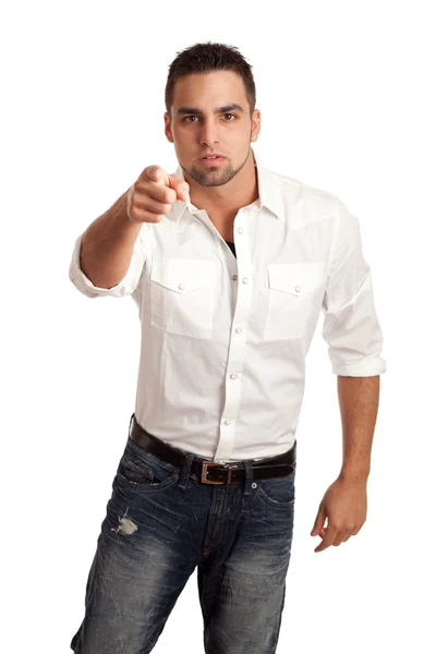 Молодий чоловік у сорочці та джинсах. Студійний знімок над білим . — стокове фото
