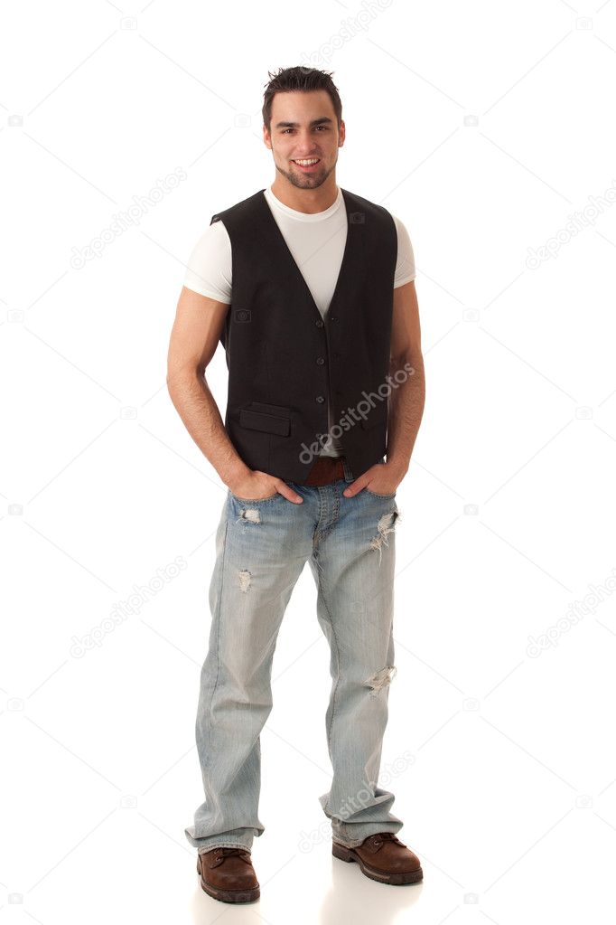 Young man in jeans and vest. Studio shot over white.