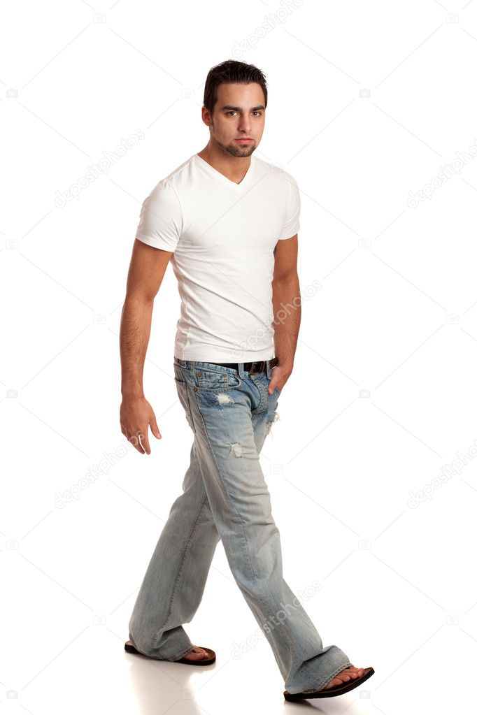 Man wearing a shirt that is too small for him Stock Photo