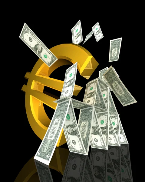 Simbolul euro lovește turnul dolarului — Fotografie, imagine de stoc