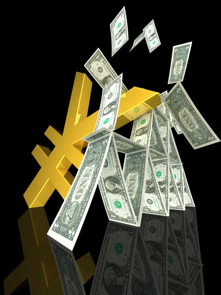 Золотая иена обрушилась на долларовую башню — стоковое фото