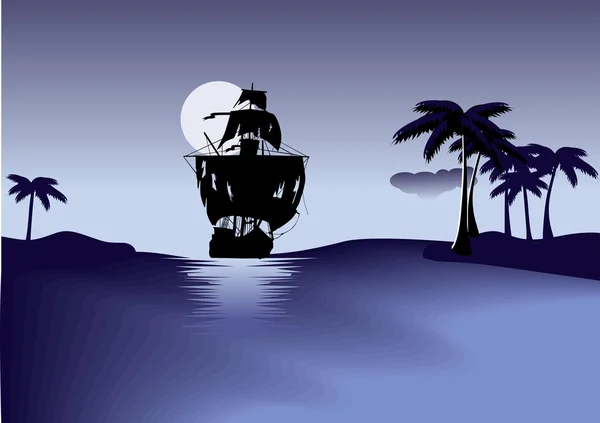 Loď pirátů na modré moře. — Stockový vektor