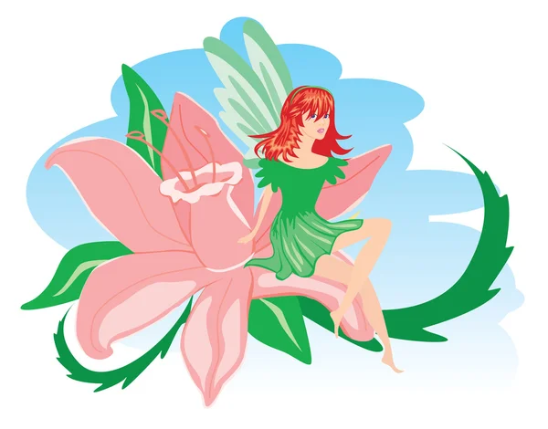 Elf in green clothes with pink flower. — Stock Vector