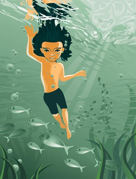 Niño nadando bajo el agua — Vector de stock