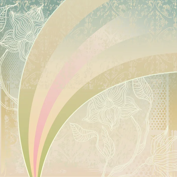Grungy achtergrond met regenboog en bloemen — Stockvector