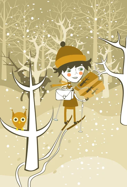 Chłopiec w lesie zimą — Wektor stockowy
