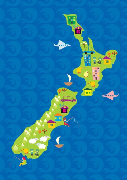 Tecknad karta över nya Zeeland — Stock vektor