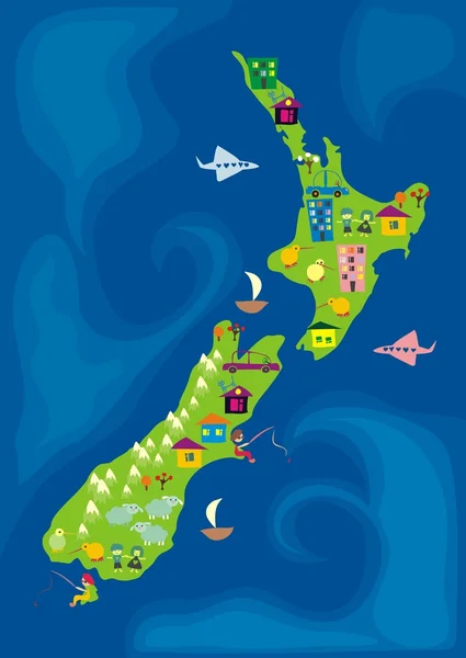 Mappa dei cartoni animati della nuova Zelanda — Vettoriale Stock